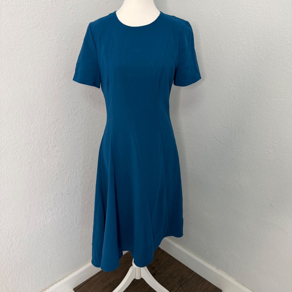 Black Halo Women Teal Blue Asymmetrical Hem Short Sleeve Midi Sheath Dress 6